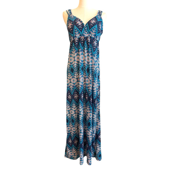 Boho Maxi Dress Small Blue Babydoll Strappy Racerback Festival Hippie Maximalist - Picture 6 of 11